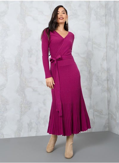 Buy Pleated Hem Knit Sweater Midi Dress with Tie Waist in Saudi Arabia