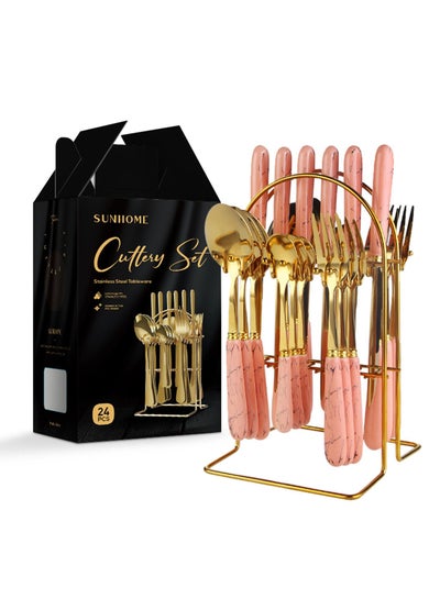 Buy 24-Piece Stainless Steel Cutlery Set With Stand Gold/Pink in Saudi Arabia