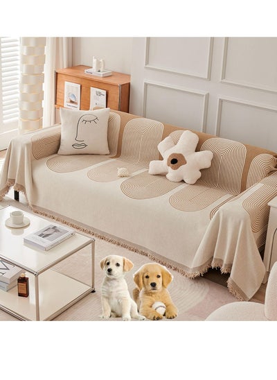 اشتري Reversible Chenille Sofa Cover Blanket Couch Cover for Dogs Multifunctional Sofa Protector Towel Geometric Line Pattern Non-Slip with Tassel في الامارات