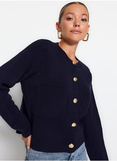 اشتري Navy Blue Soft Textured Accessory Knitwear Cardigan TWOAW24HI00023 في مصر