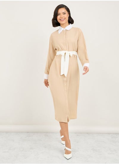 Buy Contrast Cuff Sleeves Collared Shirt Midi Dress in Saudi Arabia