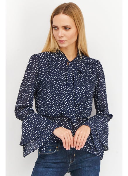 اشتري Women Tie Neckline Long Sleeve Polka Dots Blouse, Navy/White في الامارات