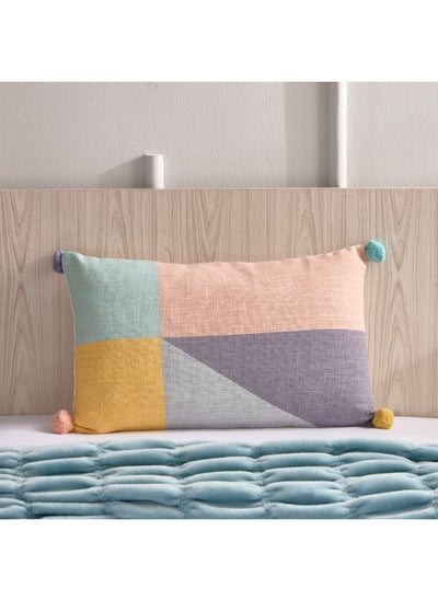 Buy Playland Colourblock Printed Cotton Filled Cushion with Pom Pom 50 x 30 cm in UAE