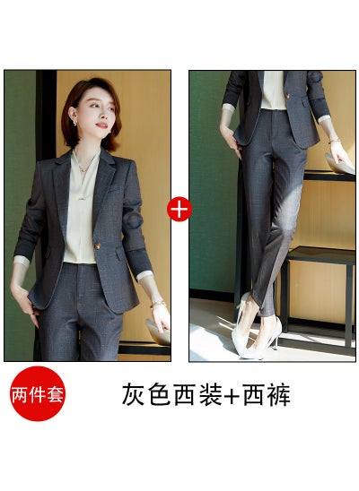 Buy Autumn and Winter New Korean Style Fashionable Elegant Plaid Small Suit Womens Business Suit Long Sleeve Suit Jacket Slim FitGray suit + pants Gray suit + pants in UAE