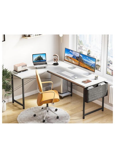 Buy L-Shaped Gaming Desk with Storage Bag, Home Office, Reversible Corner Desk with Stand for Under Desk Space for Bedroom, Gaming, Computer, Study and Writing Desk (White) in Saudi Arabia