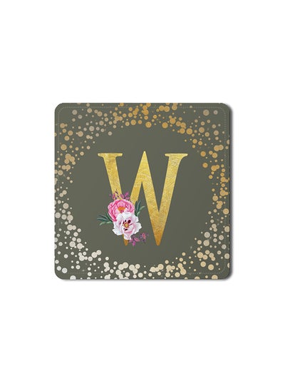 اشتري Designer Leather Coasters Mat for Beverage Drinks- Custom Monogram Initial Letter Floral Pattern Alphabet - W (Olive Green) في الامارات