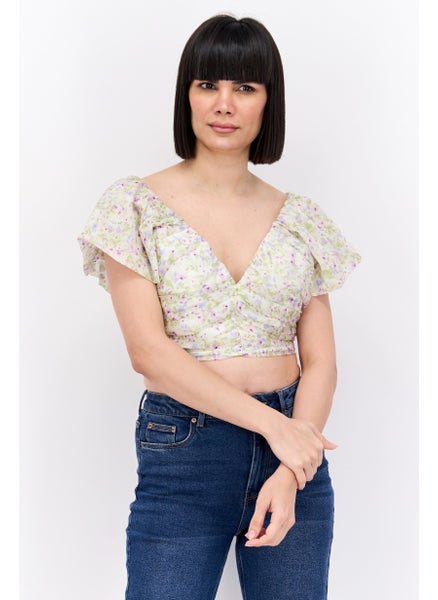 اشتري Women V-neck Cap Sleeve Floral Print Crop Top, Mint Combo في الامارات