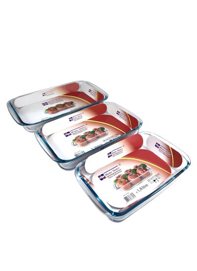 Buy 3 Pieces Rectangular Glass Baking Dish Set 2.9 Lt + 2.2 Lt + 1.6 Lt Capacity - Clear in UAE