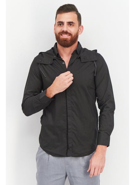 Buy Men Regular Fit Solid Long Sleeve Casual Shirt with Hood, Black in Saudi Arabia