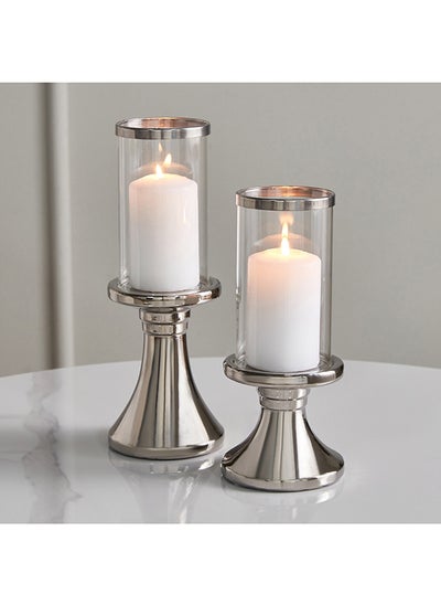 Buy Ash Ceramic 2-Piece Chrome Candleholder Set with Glass Tops 10.5 x 28 x 10.5 cm in UAE