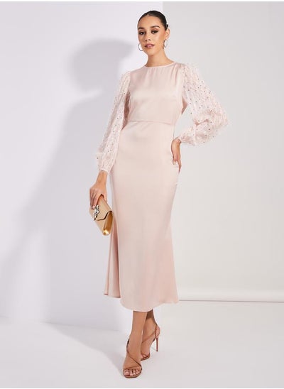 Buy Satin Embellished Sleeves Round Neck Maxi Dress in Saudi Arabia