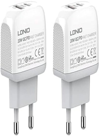 اشتري Ldnio Set Of 2 Pieces Of A2316C Eu Fast Charger Dual Usb Ports With Type-C-Lightning Cable Perfect For Home And Office - White في مصر