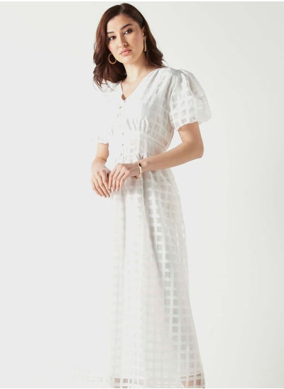 Buy Mesh Puff Sleeve Button Detail Dress in UAE