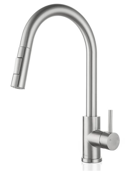 Buy Kitchen Faucet with Pull Down Sprayer, Stainless Steel High Arc Swan-Neck Sink Faucet, 2-Mode Spray Function, Single Handle Mixer Tap, 360° Swivel, Easy Installation in Saudi Arabia