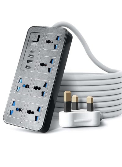 Buy Universal Extension Lead with Multiple Function,UK Plug 3 Pin Socket Outlet with 6 Gang | 3 USB Port | 1 Type-C Port,1.8M Cable Power Strip for Home,Kitchen,and Office(Black) in Saudi Arabia