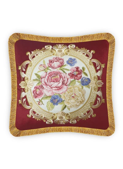 Buy Red Velvet Cushion Cover Aubusson Rose Decorative Pillowcase Floral Bouquet Embroidery  for Sofa Chair Living Room 45x45 cm 18x18 In in UAE