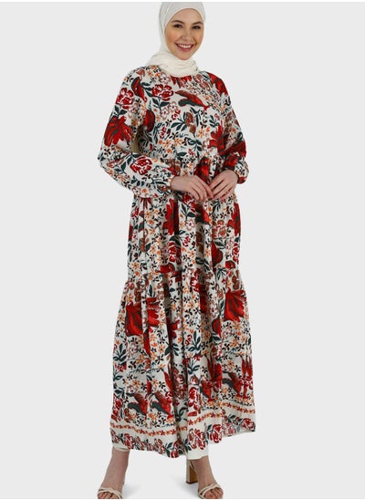 Buy Floral Print Puff Sleeve Tiered Dress in UAE