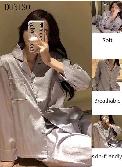 اشتري 2- Piece Women's Soft Pajamas Set Long Sleeve Silky Pajama Set Sleepwear Loungewear Button-Down Night Suit Pajama Sets Spring and Autumn Night Wear في الامارات