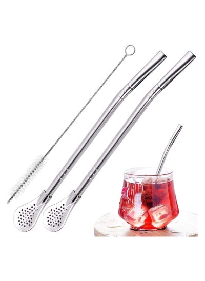 اشتري Straws with Filtering Spoon for Yerba Mate , Reusable Stainless Steel Straws to Filter Sediment, with 1 Cleaning Brush Straw for Gourd Loose Leaf Tea Cocktail Infused Drinks(silver) في الامارات