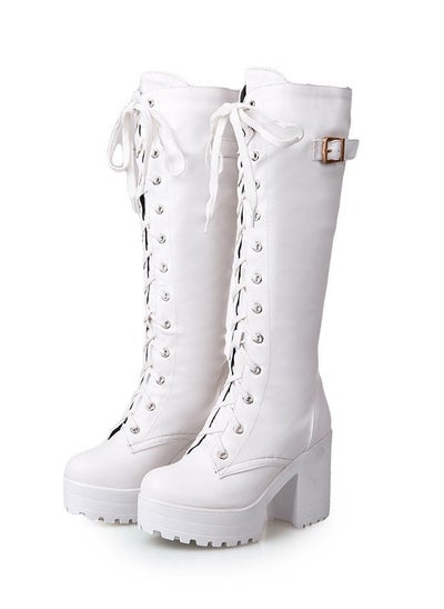 Buy Women's Thick High Heels Lace Up Boots Round toe Punk Platform Booties White in Saudi Arabia