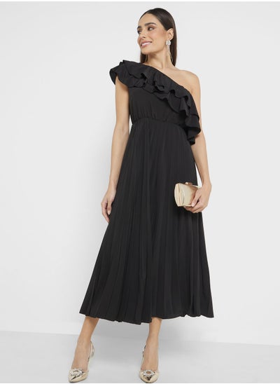 Buy One Shoulder Ruffle Pleated Dress in UAE