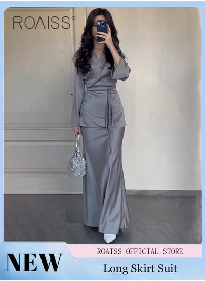 Buy 2Pcs Temperament Satin Long Skirt Suit for Women V Neck Waisted Trumpet Sleeve Top and Hip Wrap Long Skirt Ladies Advanced Solid Color Elegant Comfortable Skin-Friendly Slim Set in Saudi Arabia