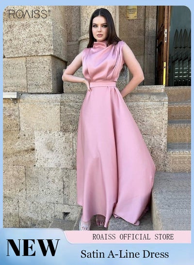 Buy Stylish Satin Smooth Sleeveless Dress Women'S Daily Commuting Banquet Waist Tightening Long Skirt in UAE