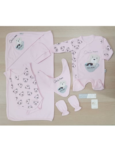 Buy Summer set for a newborn in the hospital, consisting of 7 pieces with a box, bear and cup model, pink color in Egypt