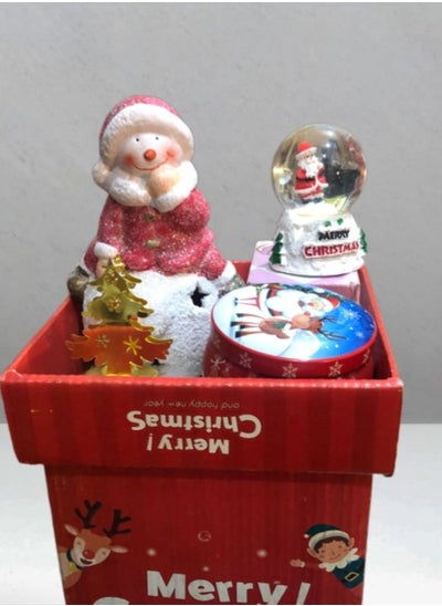 Buy Christmas Gift Box 20cm with 4 Gifts (Santa Claus Porcelain Figure with Light + LED Lights with Candle Design for Decoration + Small Christmas Crystal Ball + Scented Candle) in Egypt