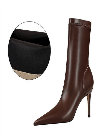 Buy Simple Pointed High Heel Boots 7.5CM Brown in Saudi Arabia