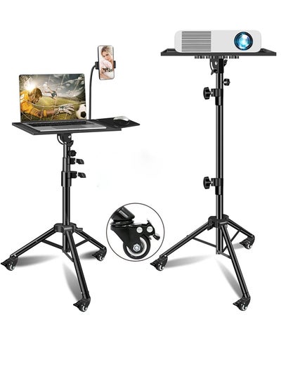 Buy Universal Workstation Projector Tripod Stand with Wheels, Phone Holder [Adjustable Height upto 61” Tiltable 180 Degrees] Rolling Laptop Desk Tripod For Stage, Studio in UAE