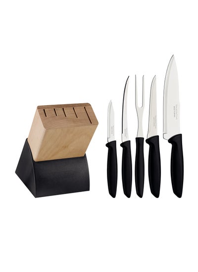 Buy Plenus 6 Pieces Knife and Block Set with Stainless Steel Blade Black Polypropylene Handle in UAE