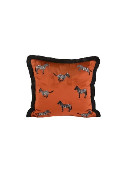 Buy Imported Velvet Brick Color Zebra Embroidered Pillow Case | Decorative Cushion 45x45 cm in UAE