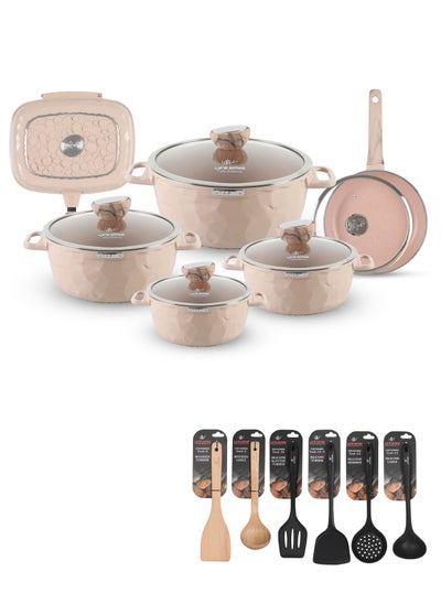 اشتري 18Pcs Granite Coated Healthy Cookware Set - Die Cast Aluminum Cooking Casserrole Set Inclued Sauce & Stock Pots, French Frying Pan, Double Grill Pan - Nylon and Wooden Tools - PFOA & PTFE Free في الامارات