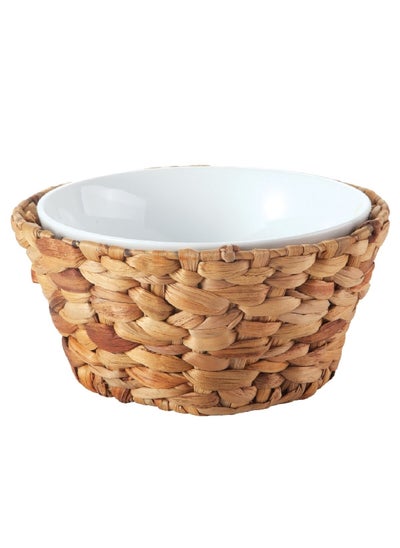 Buy 2-Piece Ceramic Round Serving Bowl With Rattan Basket White And Brown 11.8 X 23.2 X 23.2 Cm Hb2179-Pl in Saudi Arabia