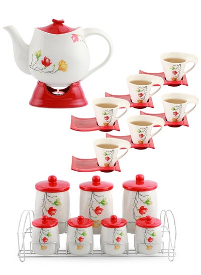 Buy Tea Serving set- Fine Porcelain Breakfast Collection Include Tea Cups set with Saucer & Tea Pot With Warmer & Canister Set With Stand- Elegant Flower Design- Dishwasher Safe- Non-Toxic in UAE