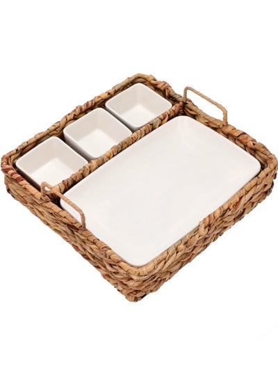 Buy 4 Pieces  Porcelain Square Dishes Set with Sea Grass Basket in Saudi Arabia