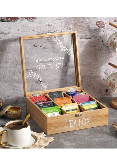 Buy Tea Box Tea Bag Organizer Wooden Tea Bag Holder Modern Tea Caddy Chest with 9 Compartments and Glass Cover in Saudi Arabia