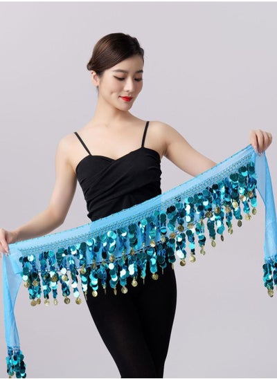 اشتري Sequin Waist Chain Skirt Sparkly Belly Dance Tassel Waist Wrap Belt Skirts Party Rave Costume Lake Blue في الامارات