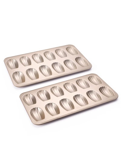 اشتري Nonstick Madeleine Pan 2 Pack 12-Cavity Heavy Duty Madeleine Cookies Trays for Oven Baking, Warp Resistant Shell Shape Madeleine Mold Cake Pan, Champagne Gold في السعودية