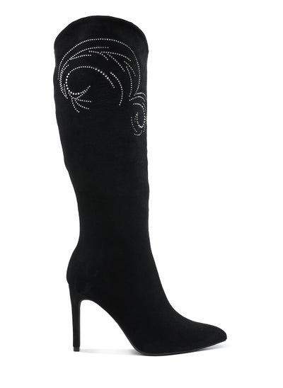 Buy Rhinestone Patterned Calf Boots in Black in UAE