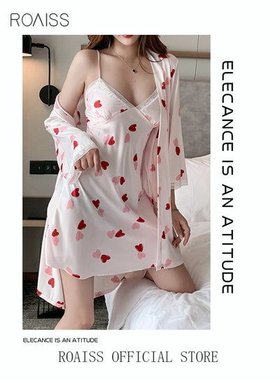 Buy 2-Piece Set Women Sweet Nightdress Sweet Heart Ice Silk Sling Lace Pajamas Ladies Satin Robe Loungewear Loose Nightgown with Chest Pad Female Spring Autumn Home Wear White in Saudi Arabia