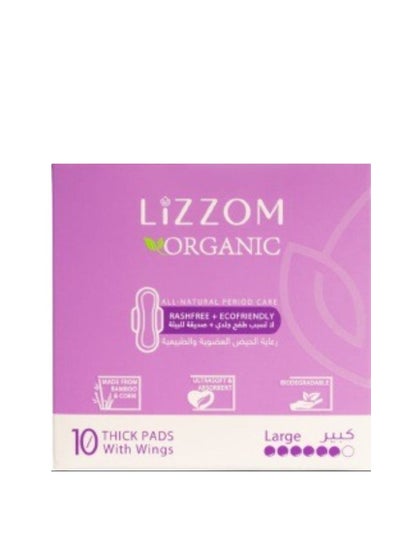 Buy LiZZOM Organic THICK Night Pads - LARGE Size with wings - 10 count. Dry feel | Plastic free | Antibacterial | Odor & Rash free. in UAE