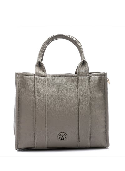 اشتري Textured Leather Zipper Light Grey Handbag في مصر