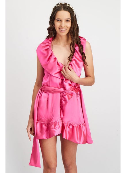 Buy Women Solid Sleeveless Belted Wrap Dress, Pink in Saudi Arabia