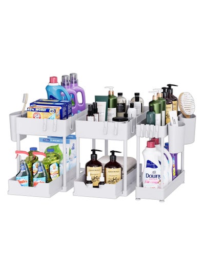 اشتري 3 Pack Under Sink Organizer Pull Out Under Sink Storage, 2 Tier Multi-Purpose Sliding Under The Sink Organizer Bathroom Kitchen Sink Organizer Under Cabinet Shelf for Cleaning Supplies -White في الامارات