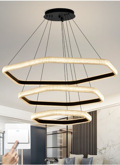 Buy Modern LED chandelier,3 Ring Hexagon Chandelier for Dining Room,110W Dimmable Black Modern Chandelier High Ceiling Hanging Lighting Fixture, Adjustable Foyer Chandelier in UAE