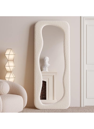 Buy Full Length Mirror 63"x24", Irregular Wavy Mirror, Wave Arched Floor Mirror, Wall Mirror Standing Hanging or Leaning Against Wall for Bedroom, Flannel Wrapped Wooden Frame Mirror-White in UAE