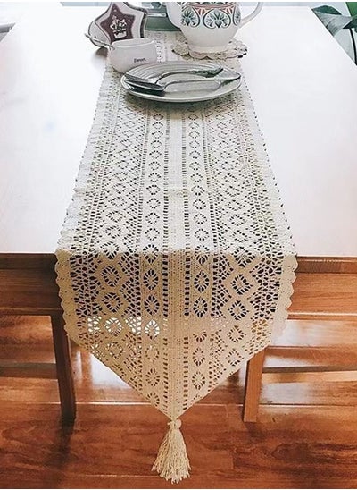 Buy 1-Piece Pastoral Style Braid Lace Hollow Out Fringed Tablecloth/Cabinet Cloth Polyester Cotton Material Beige 26 x 175 Centimeter in UAE