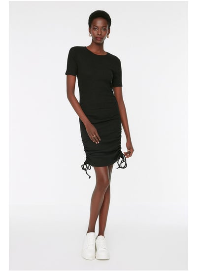 Buy Black Ruffle Detailed Knitted Dress with a Fitted Crew Neck, Mini Ribbon, Flexible TWOSS21EL0118. in Egypt